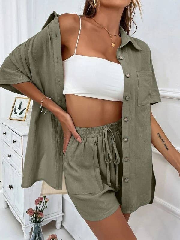 Sweetkama Ladies Solid Color Top and Short Set Daily Set