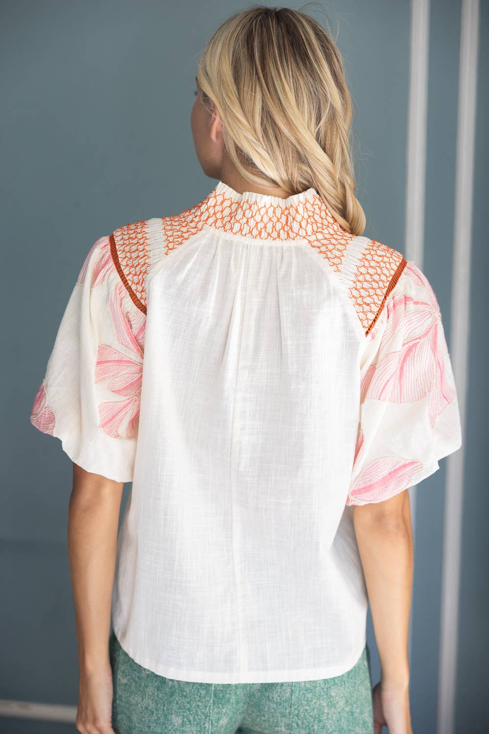 Floral Embroidery Contrast Smocked Neck Top