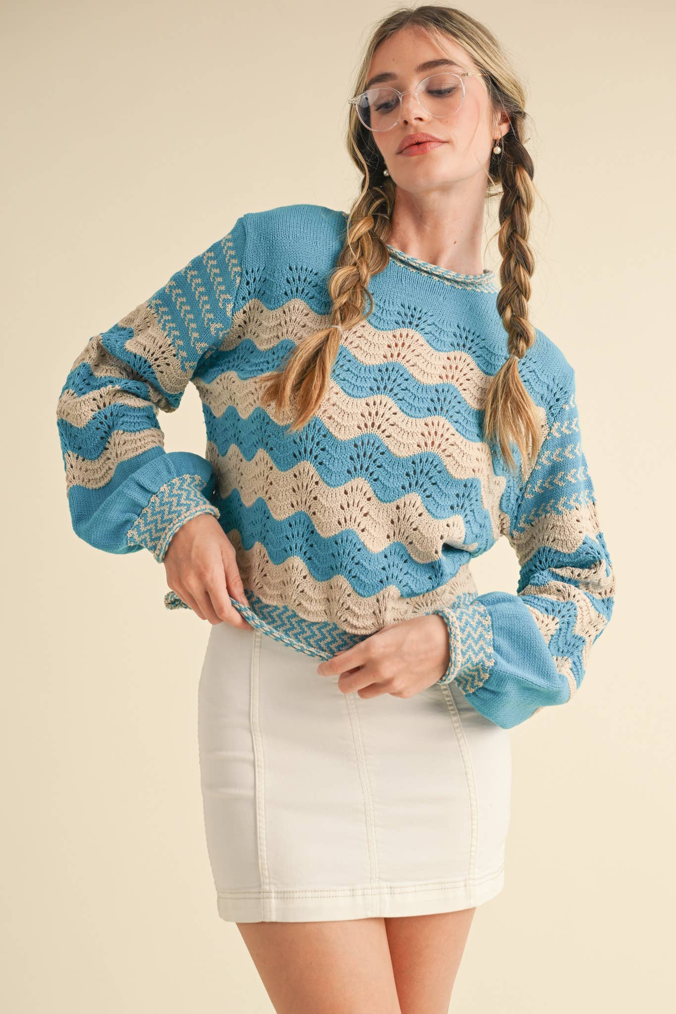 Wavy Striped Puff Sleeve Sweater