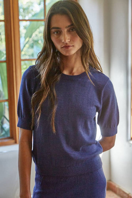 Knit Sweater Round Neck Short Sleeve Top