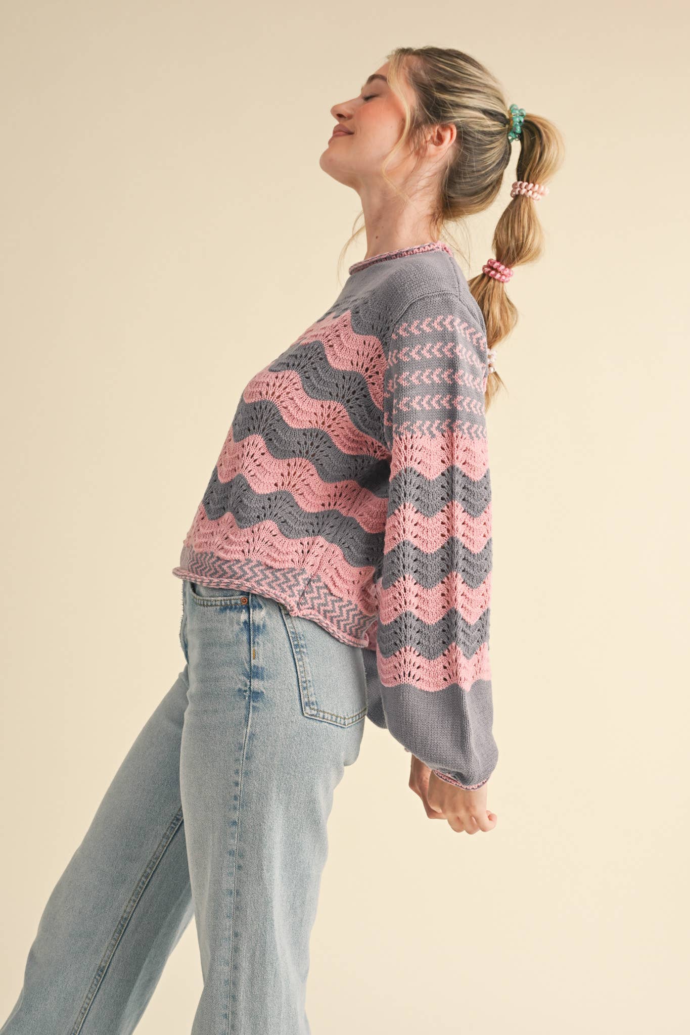 Wavy Striped Puff Sleeve Sweater