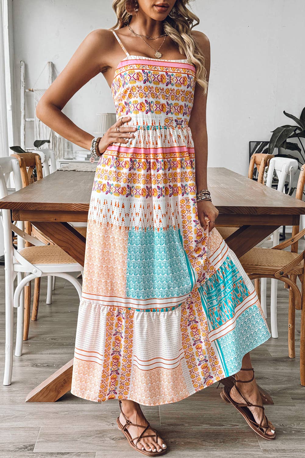 Boho Patchwork Print Square Neck Sundress