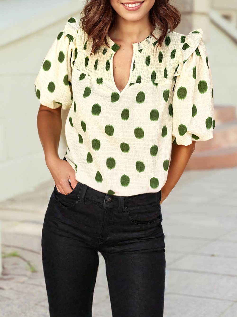 Polka Dot Balloon Sleeve Blouse