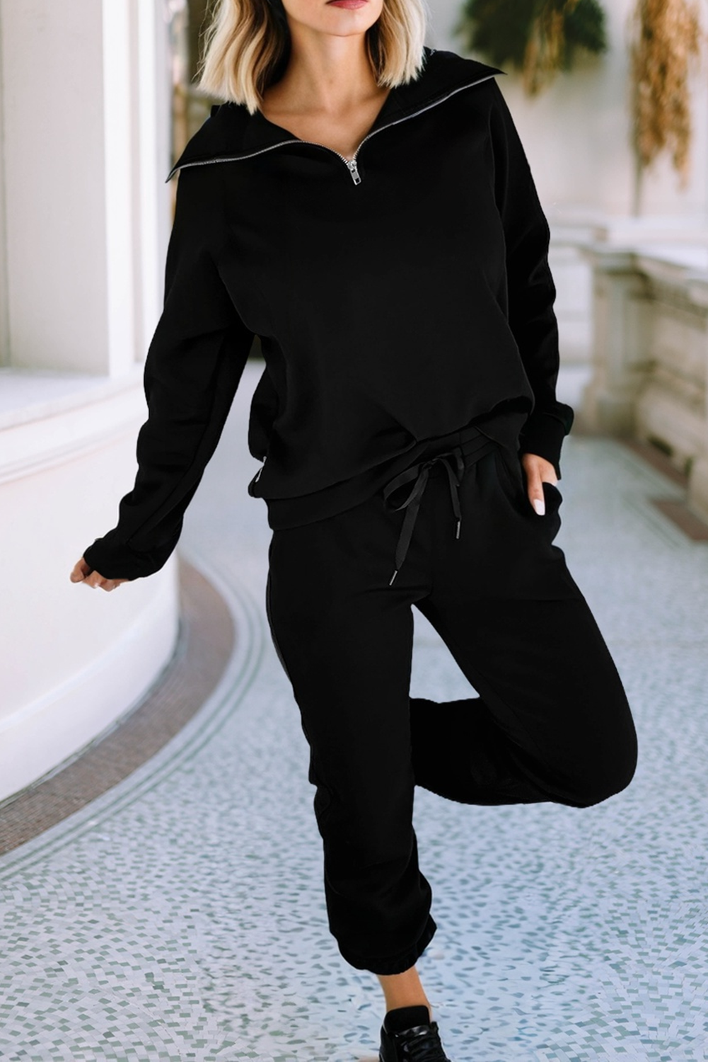 Zip Collar Long Sleeve Top in Taupe or Black