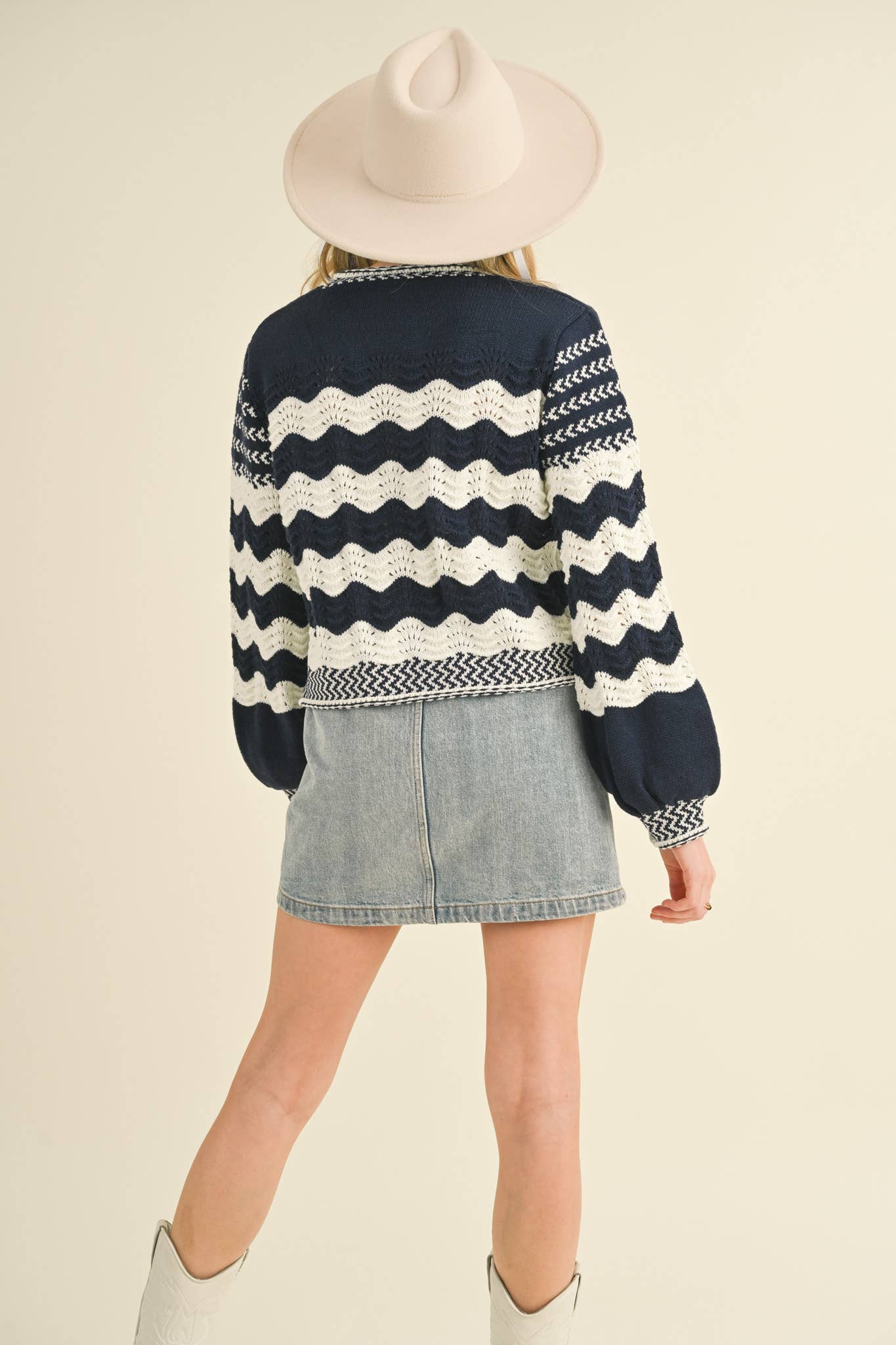 Wavy Striped Puff Sleeve Sweater