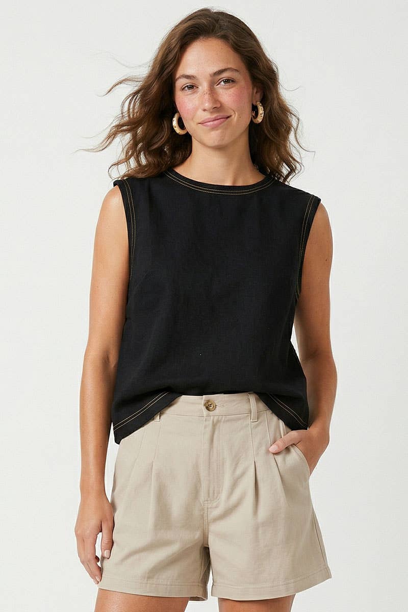 Round Neck Garment Wash Sleeveless Top