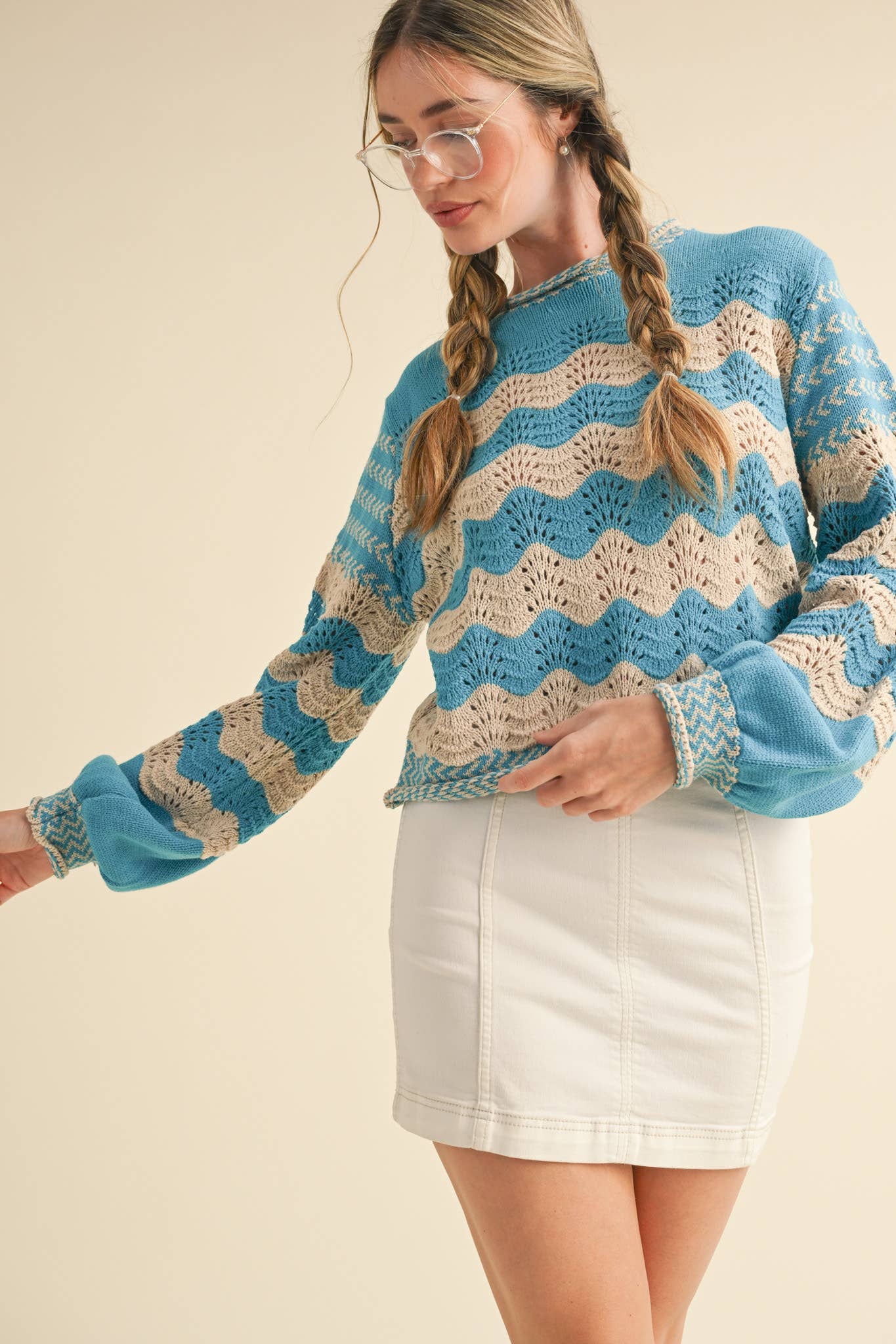 Wavy Striped Puff Sleeve Sweater