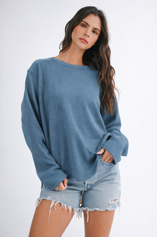 Waffle Knit Contrast Panel Long Sleeve Top