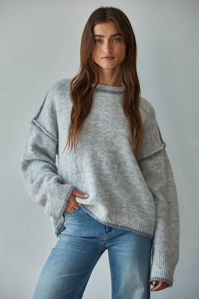 Knit Sweater Crew Neck Pullover Top With Rolled Edge
