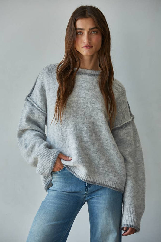 Knit Sweater Crew Neck Pullover Top With Rolled Edge
