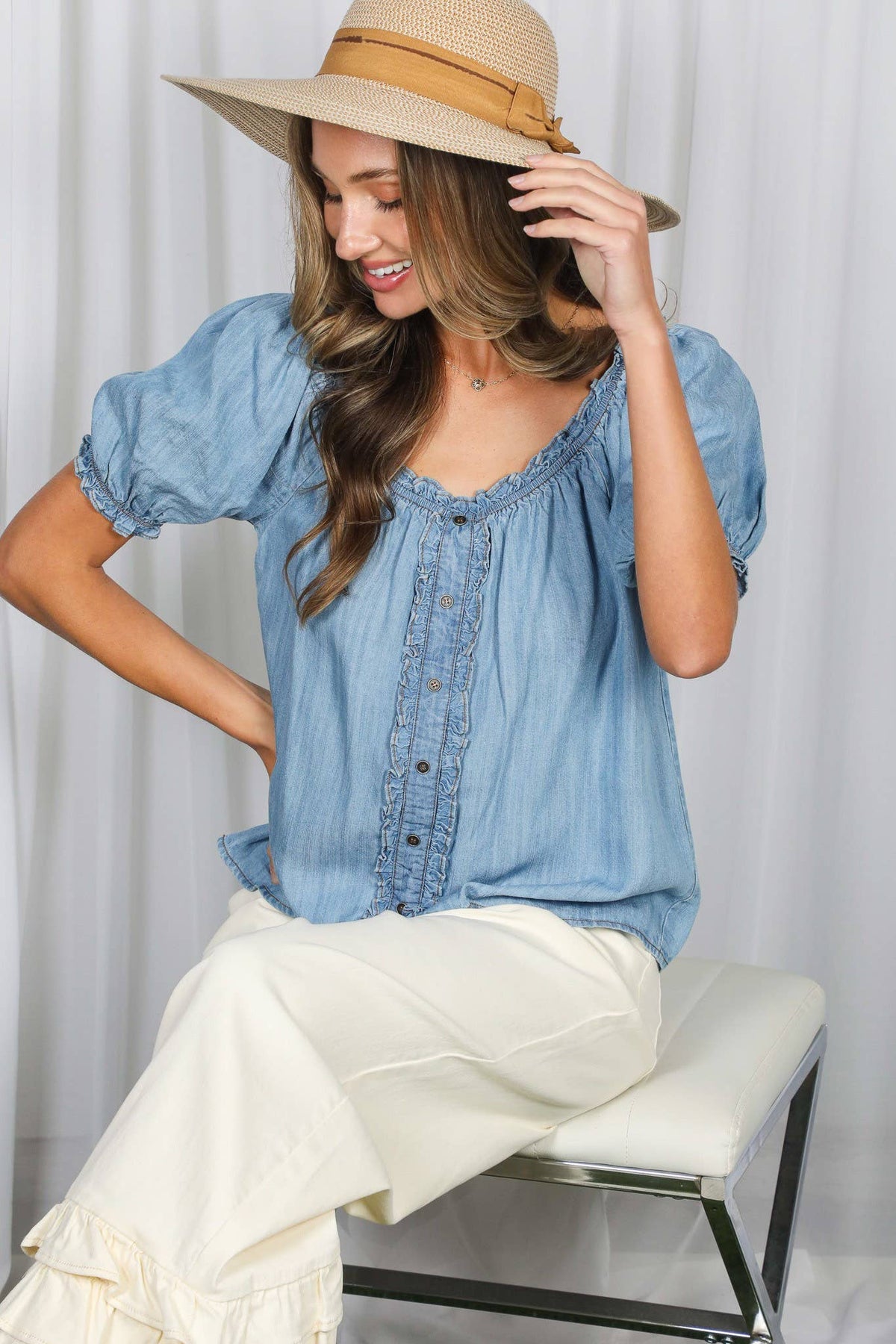 Ruffled Short Sleeve Chambray Top