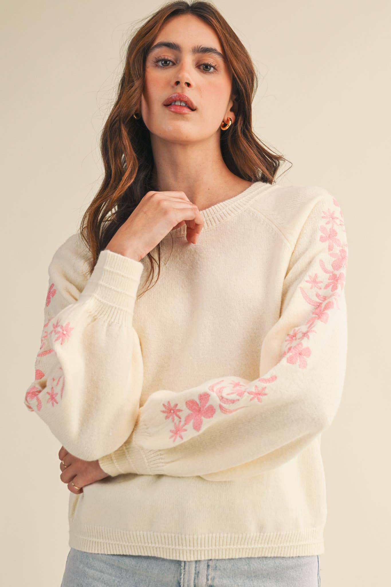 Pullover Sweater with Floral Embriodered Sleeves