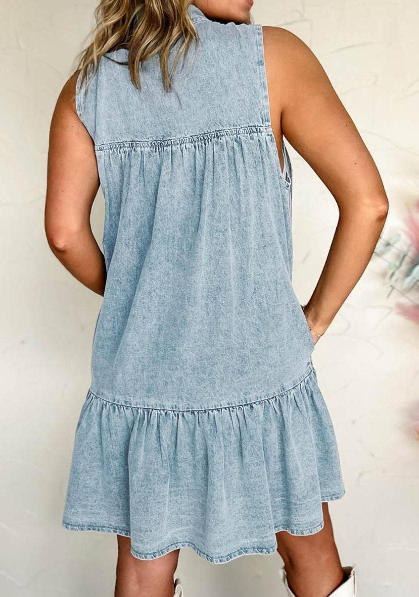 Bowknot Neck Sleeveless Ruffled Chambray Dress