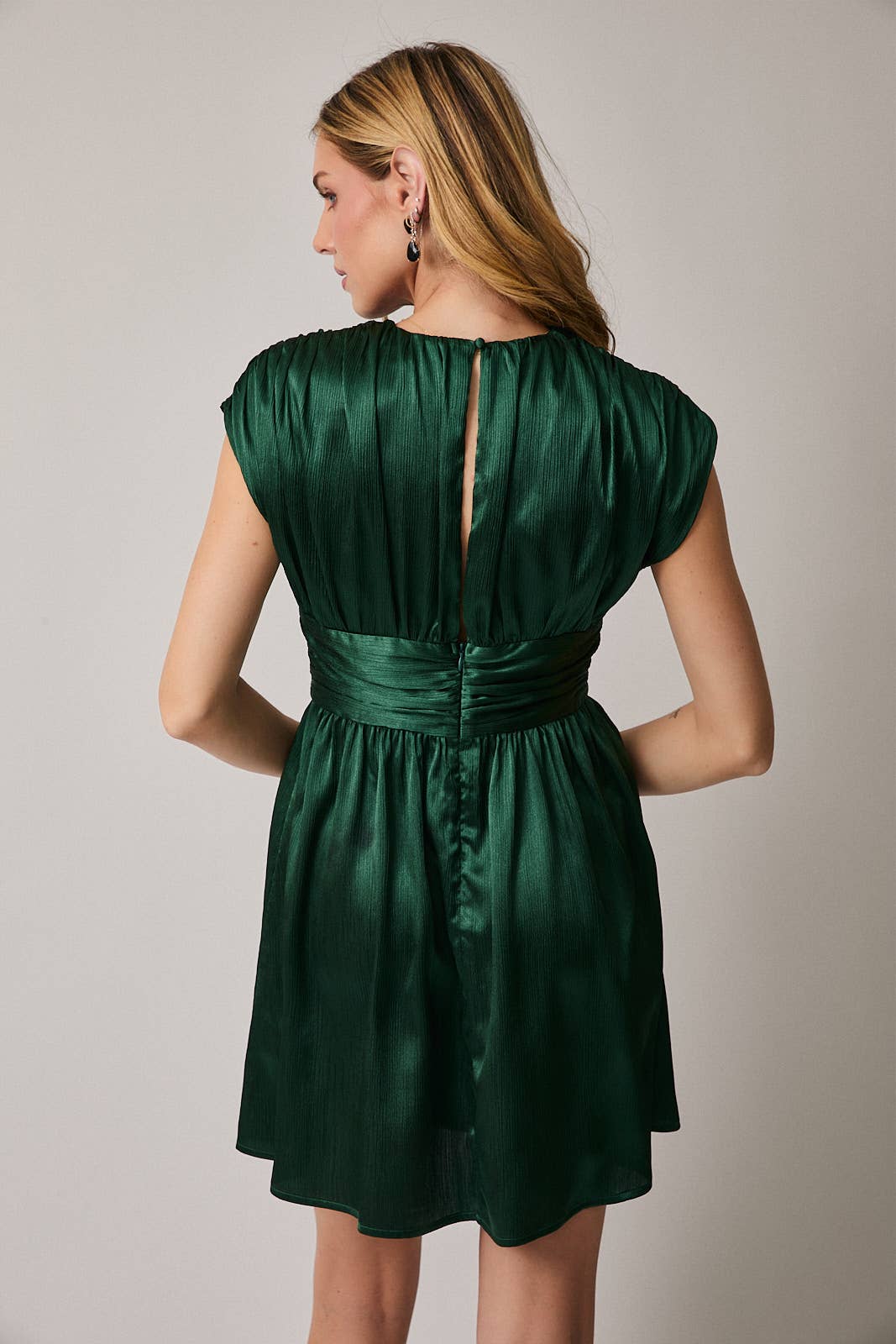 Round Neck Sleeveless Satin Ruched Fit & Flare Mini Dress