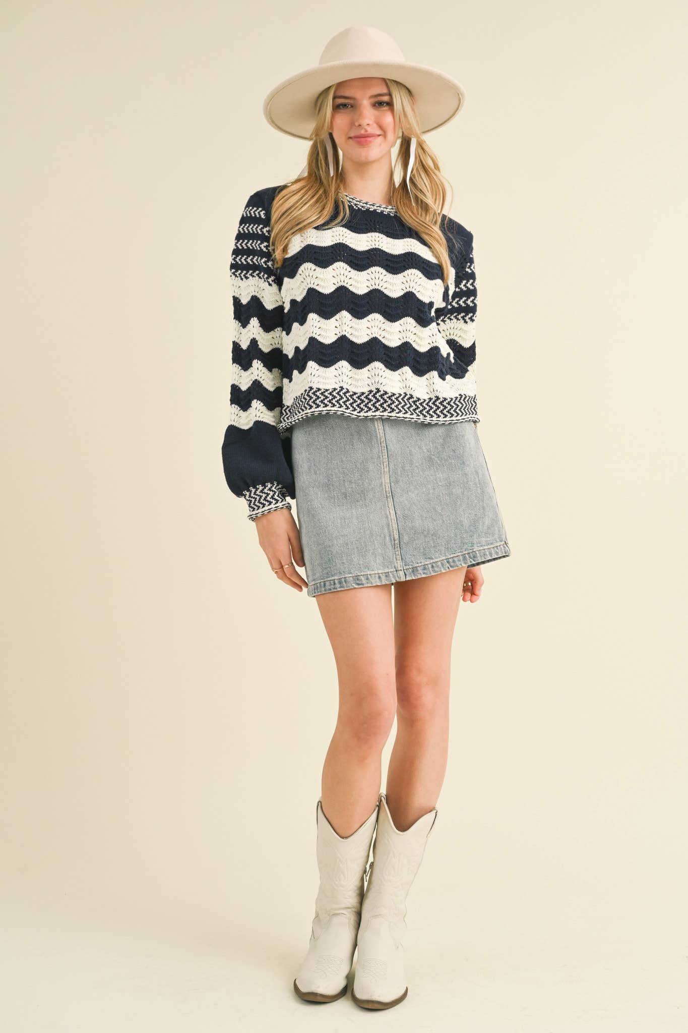 Wavy Striped Puff Sleeve Sweater