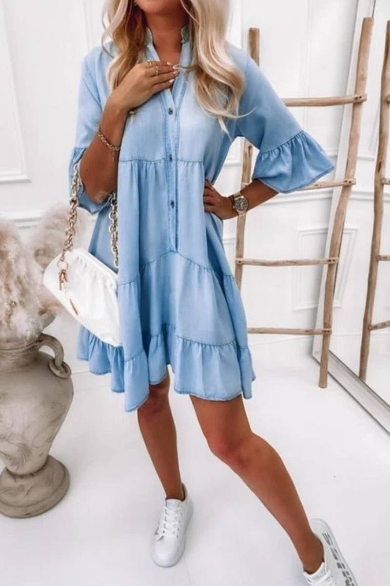 V-NECK HALF SLEEVE WASHED DENIM DRESS