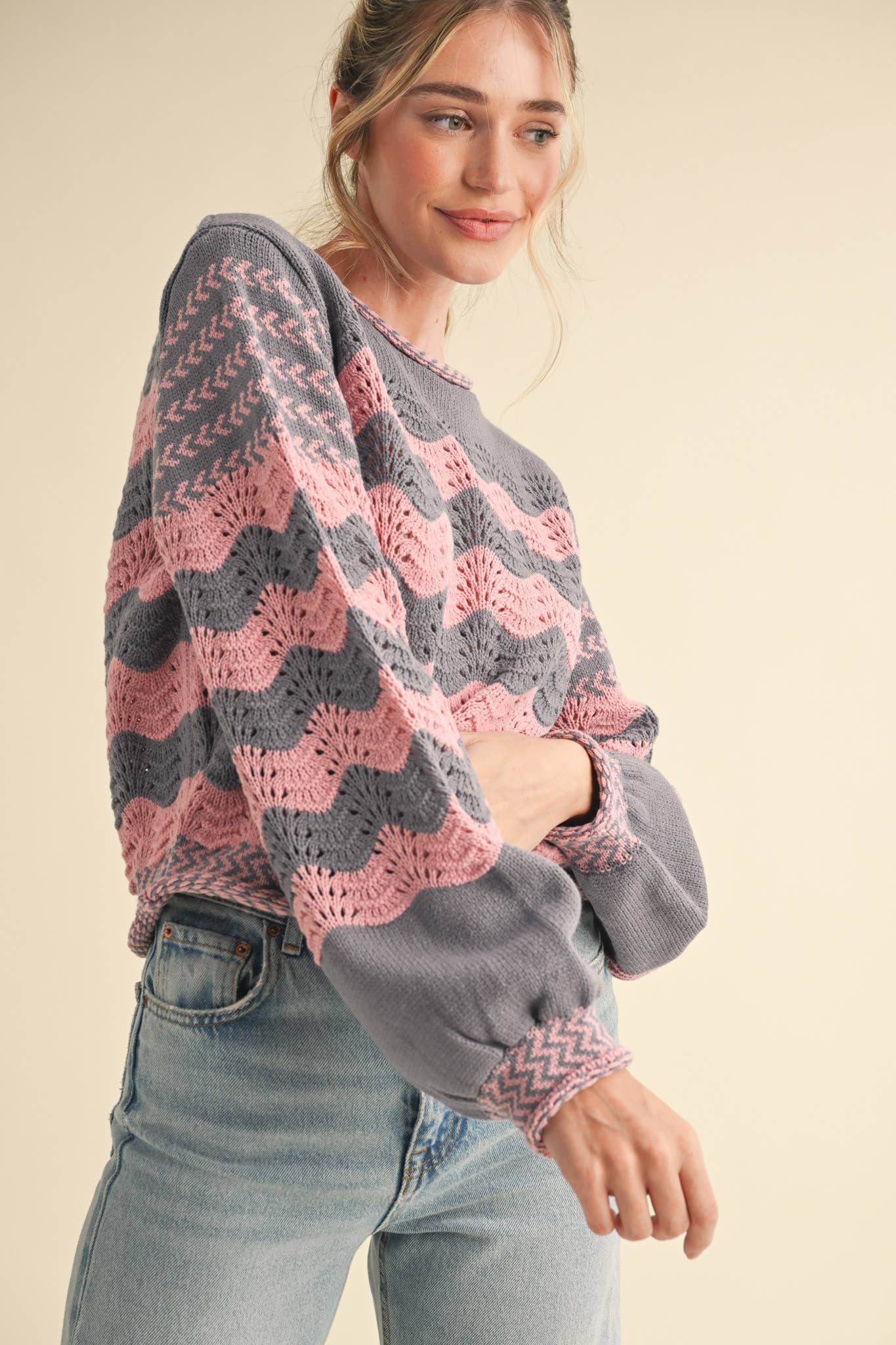 Wavy Striped Puff Sleeve Sweater