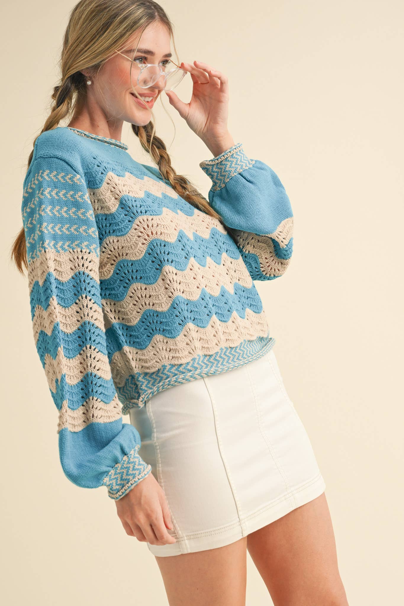 Wavy Striped Puff Sleeve Sweater