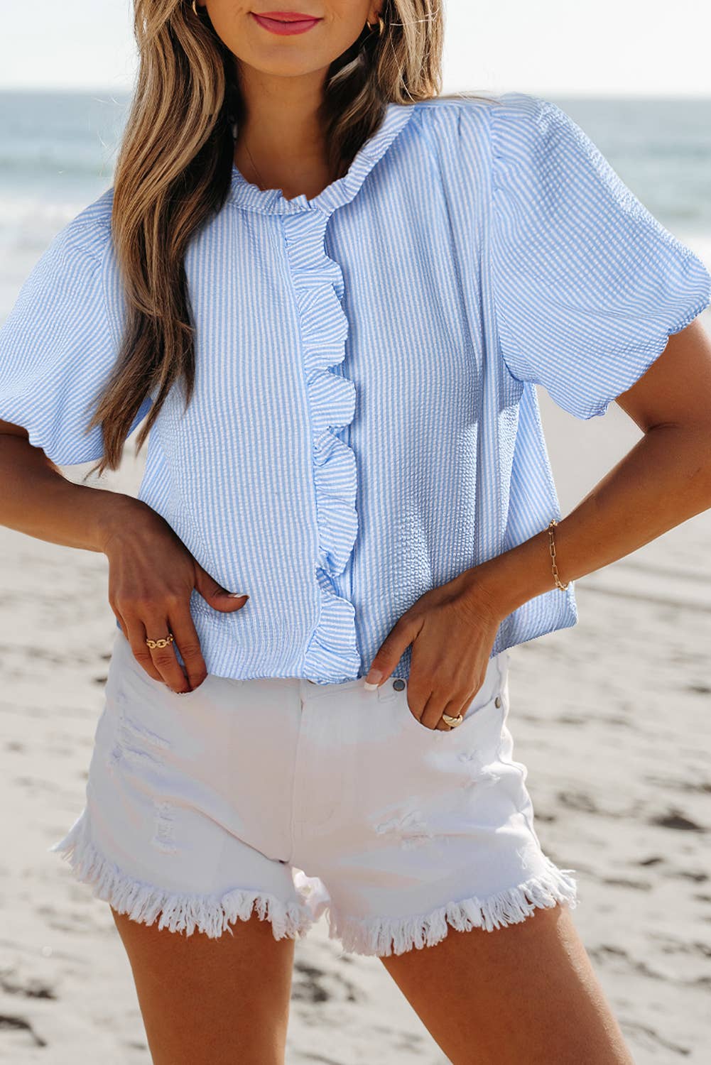 Texture Striped Ruffled Shirt