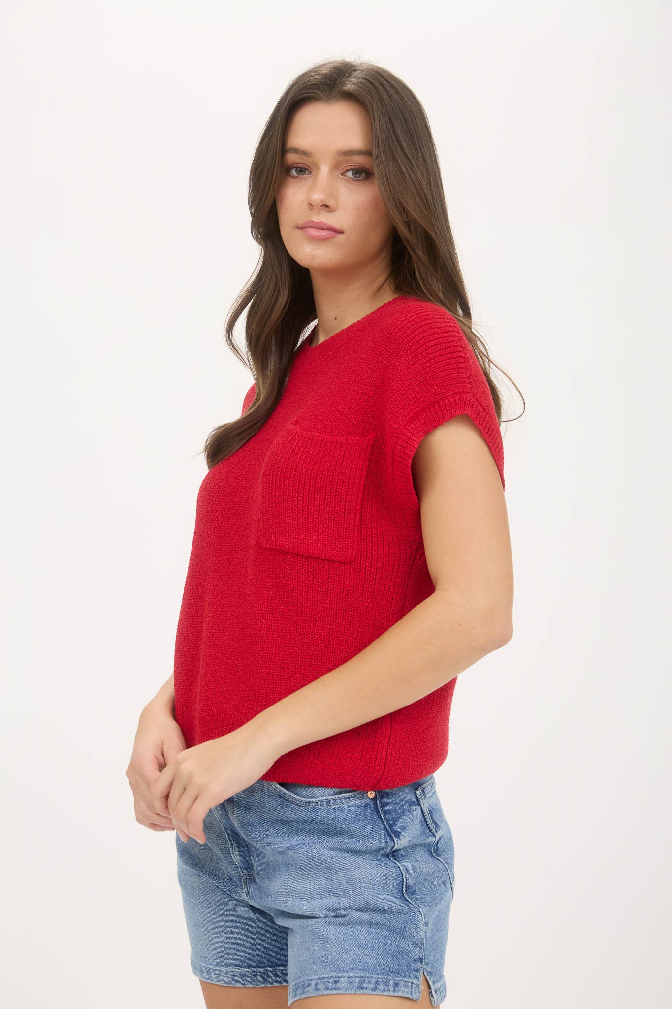 Crewneck Short Sleeve Batwing Sweater With Pocket