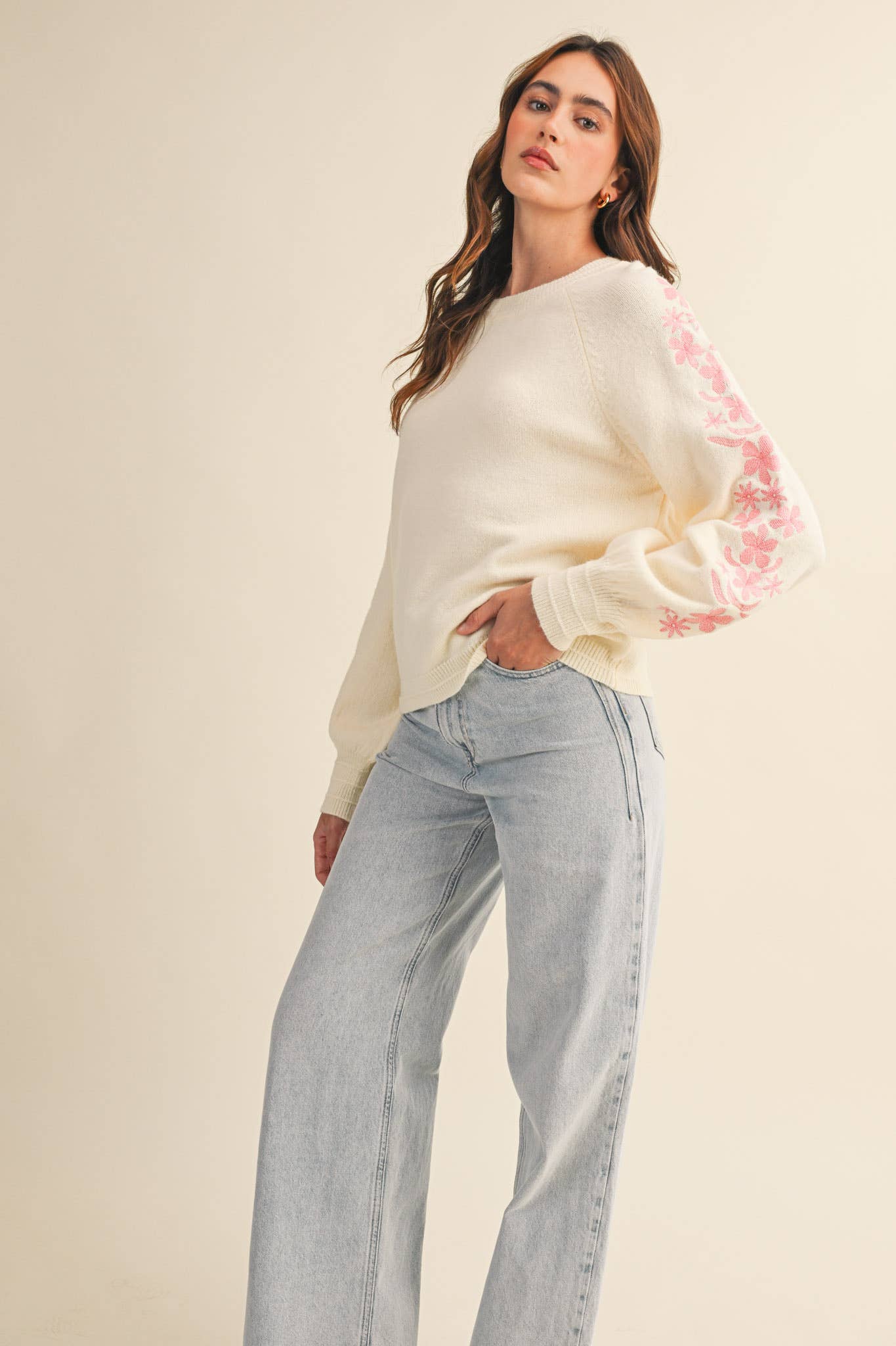 Pullover Sweater with Floral Embriodered Sleeves