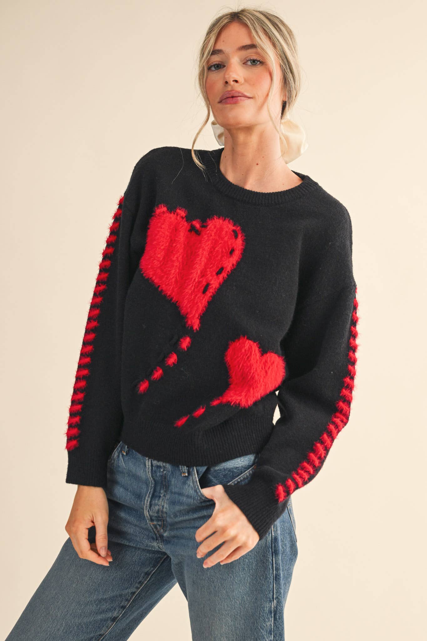 Fuzzy Heart Knit Sweater