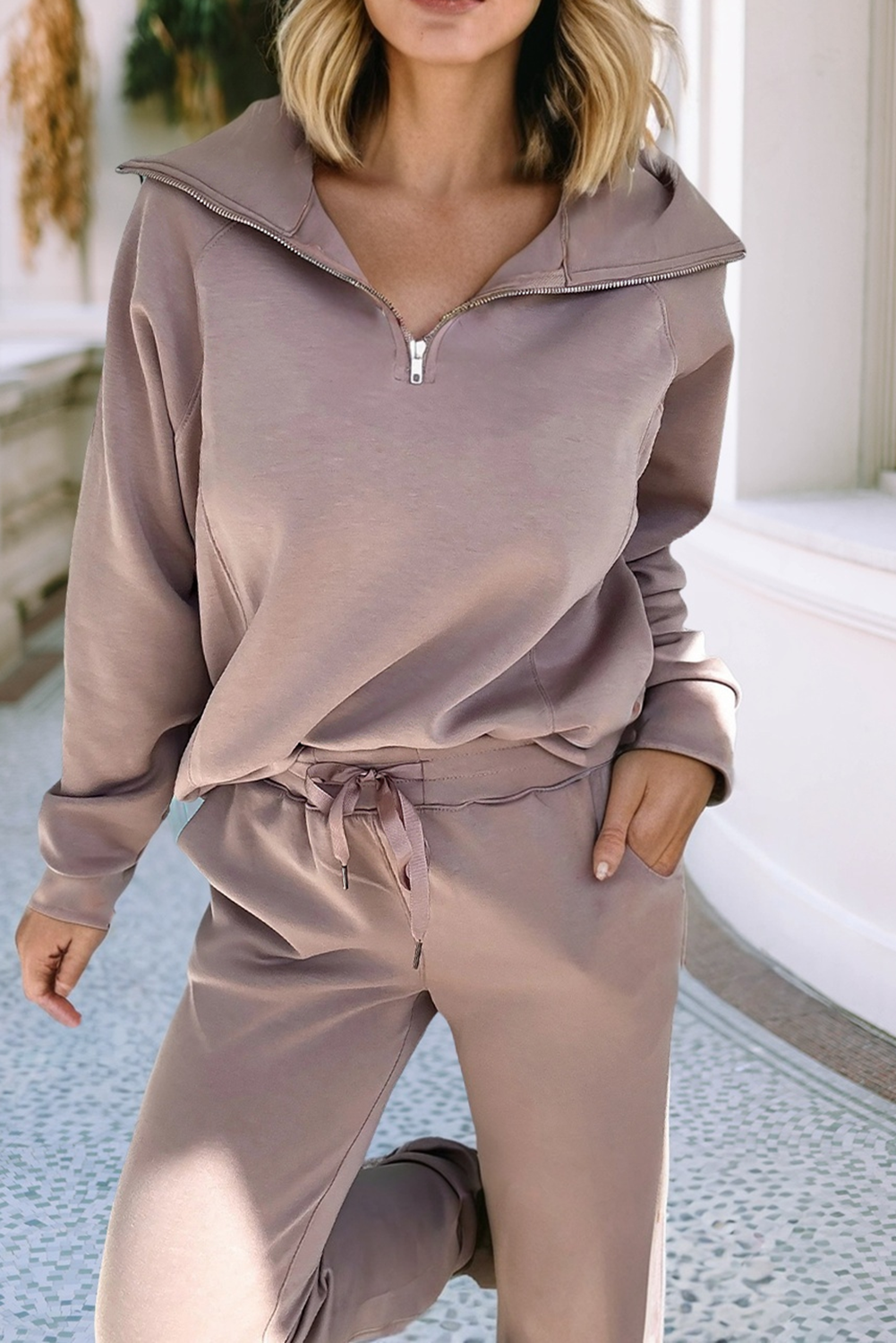 Zip Collar Long Sleeve Top in Taupe or Black