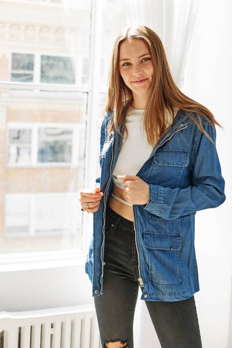 Hooded Chambray Utility Denim Jacket