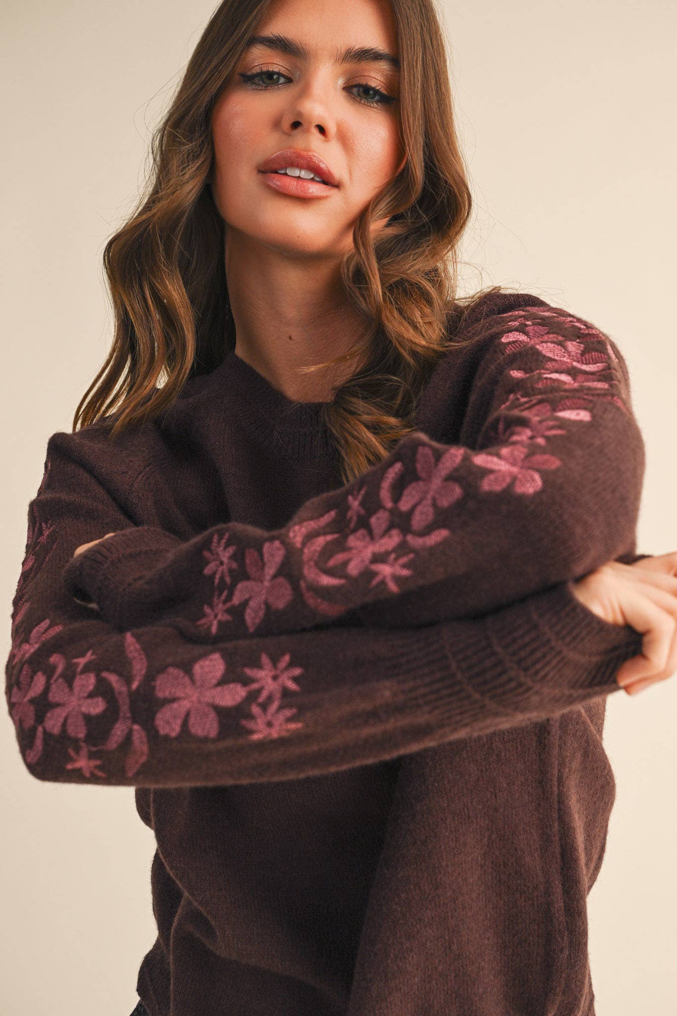 Pullover Sweater with Floral Embriodered Sleeves