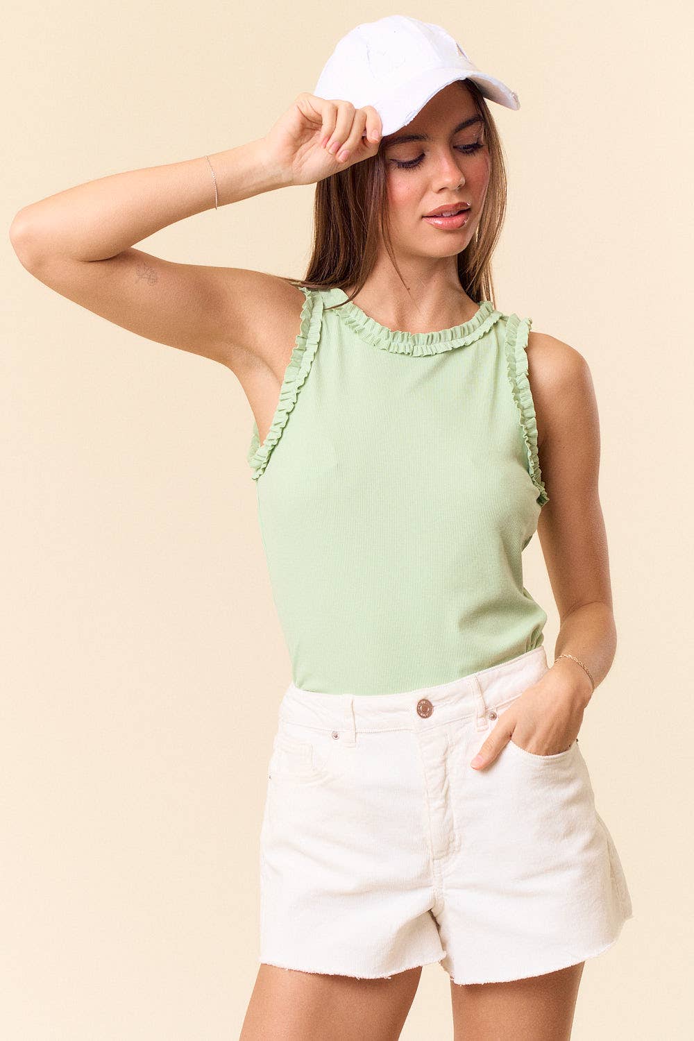 Solid Knit Tank with Ruffle Trim