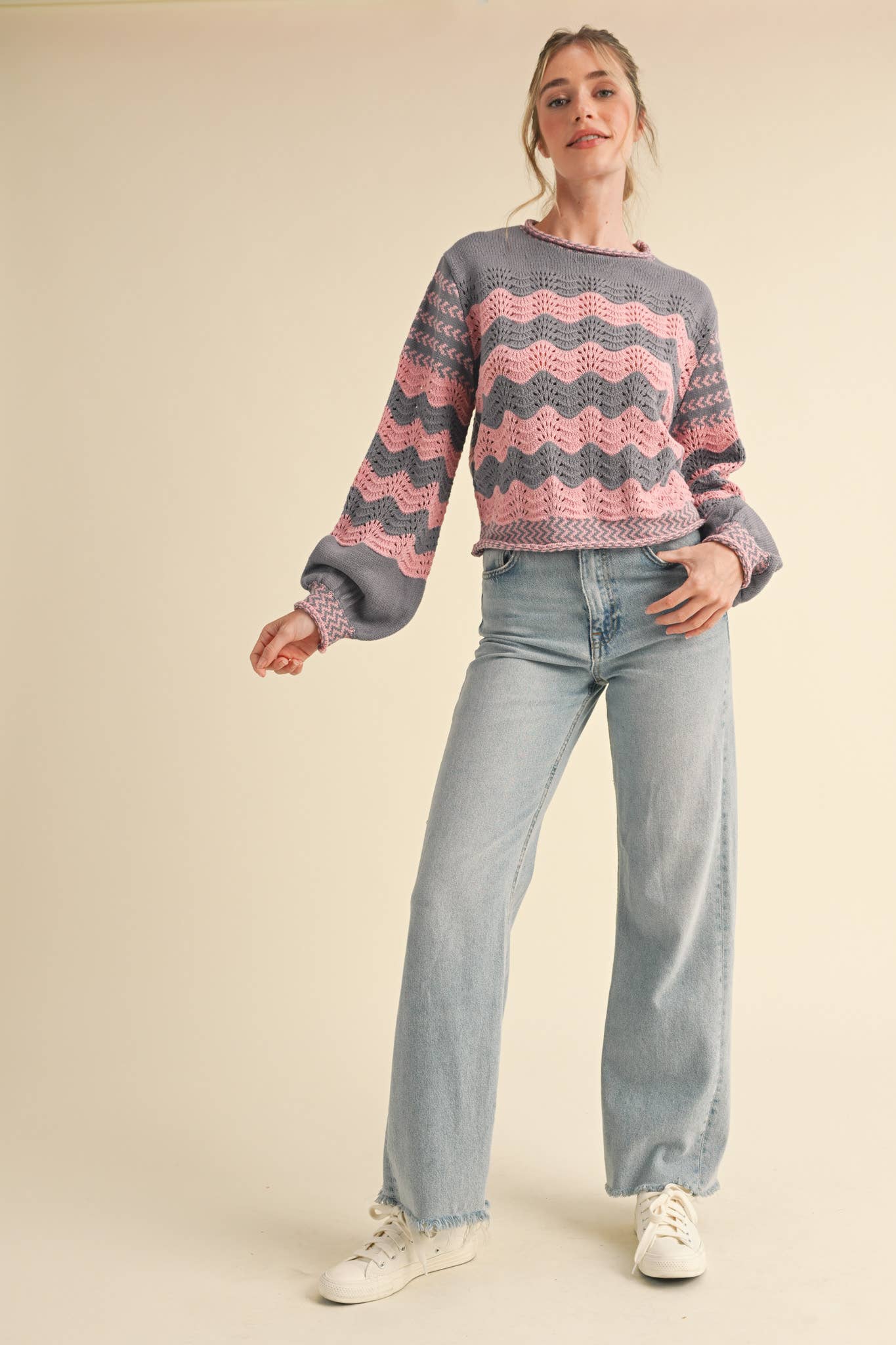 Wavy Striped Puff Sleeve Sweater
