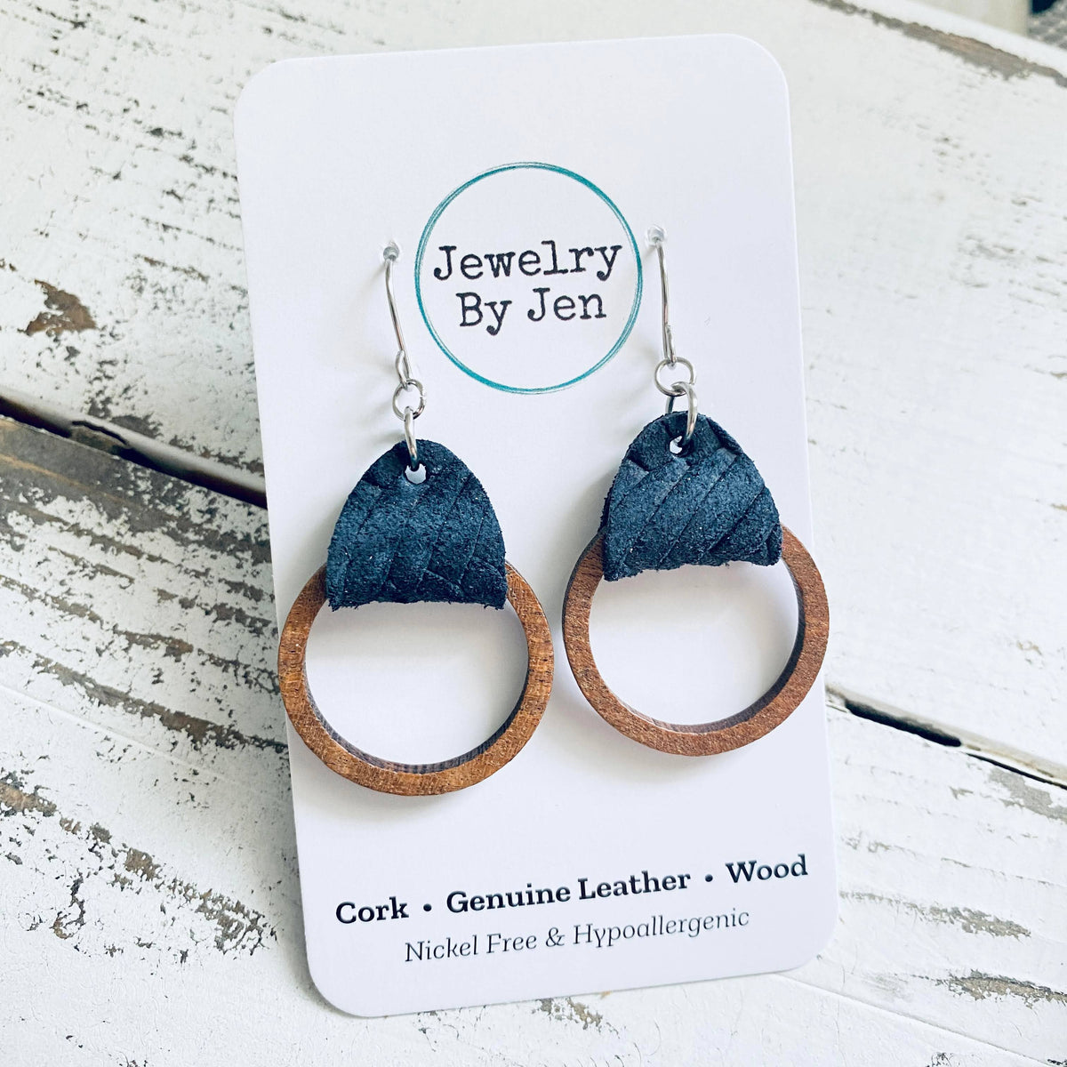 Wood Hoop Earrings: Navy Braided