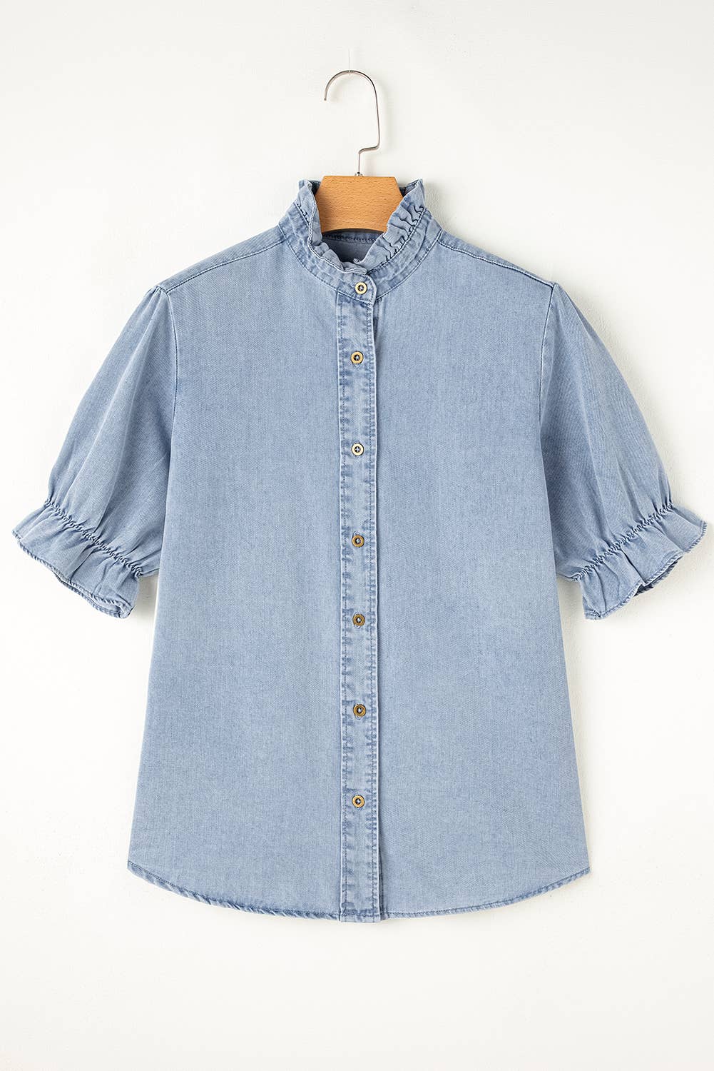 Ruffle Short Puff Sleeve Chambray Denim Shirt