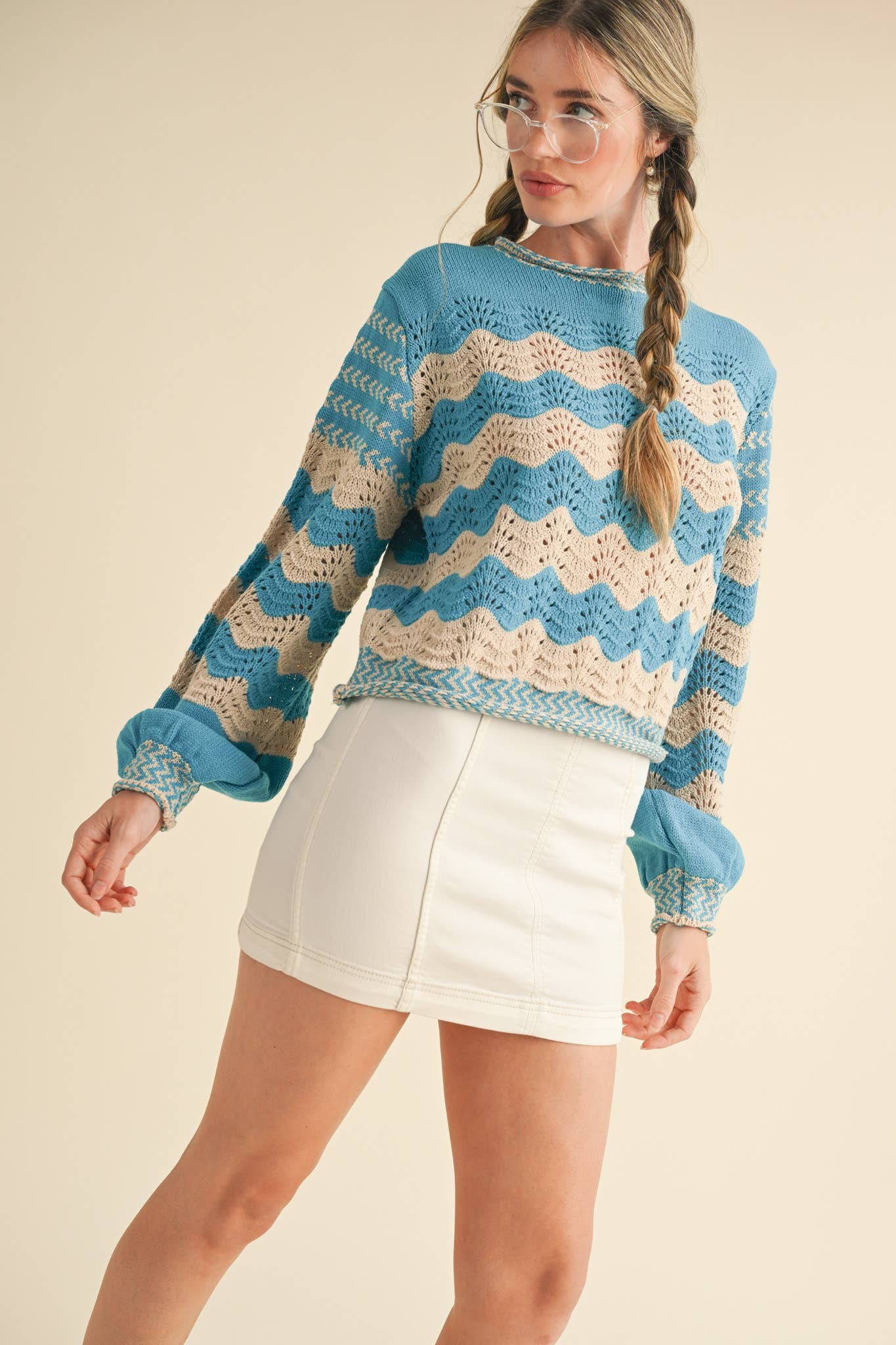 Wavy Striped Puff Sleeve Sweater