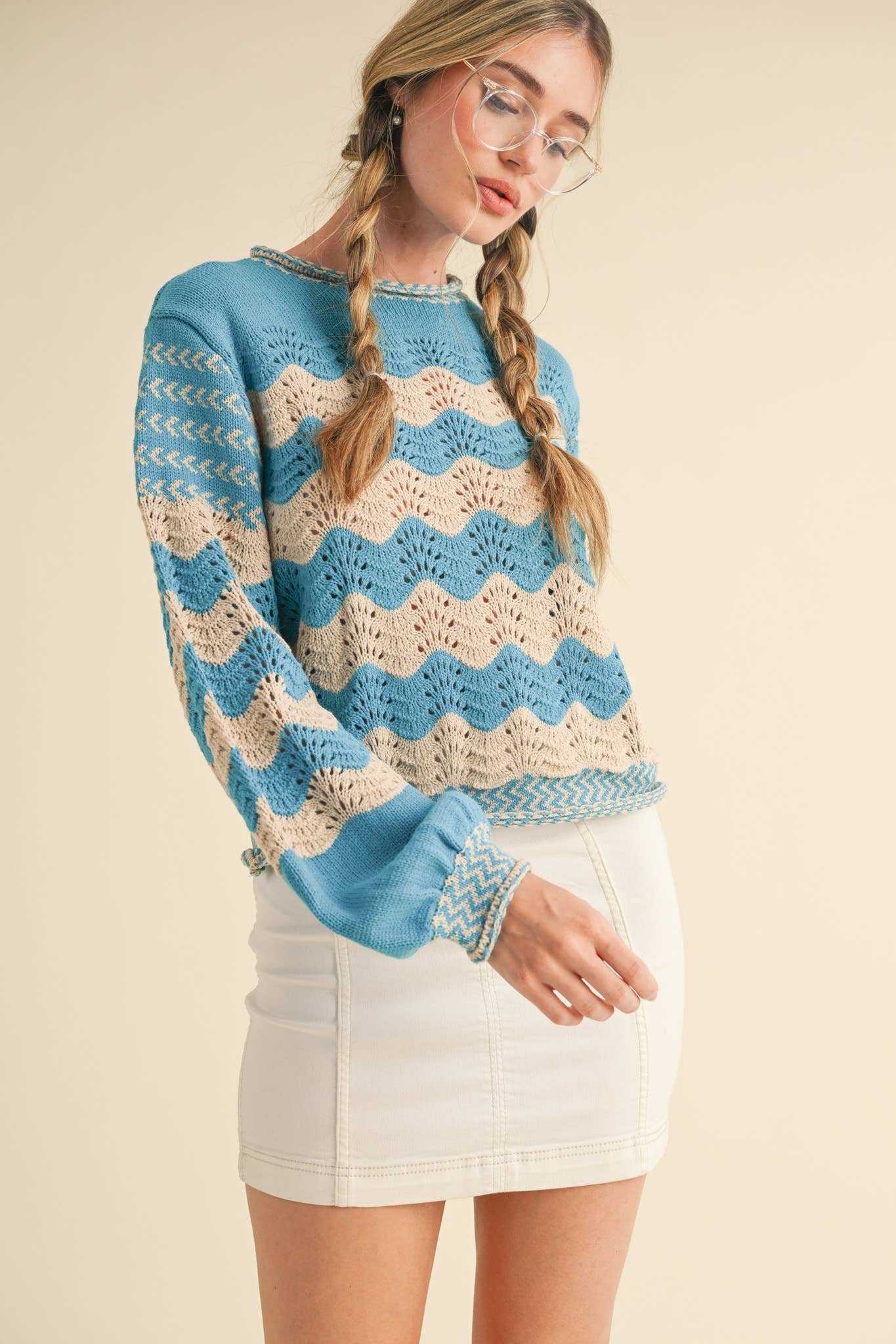 Wavy Striped Puff Sleeve Sweater
