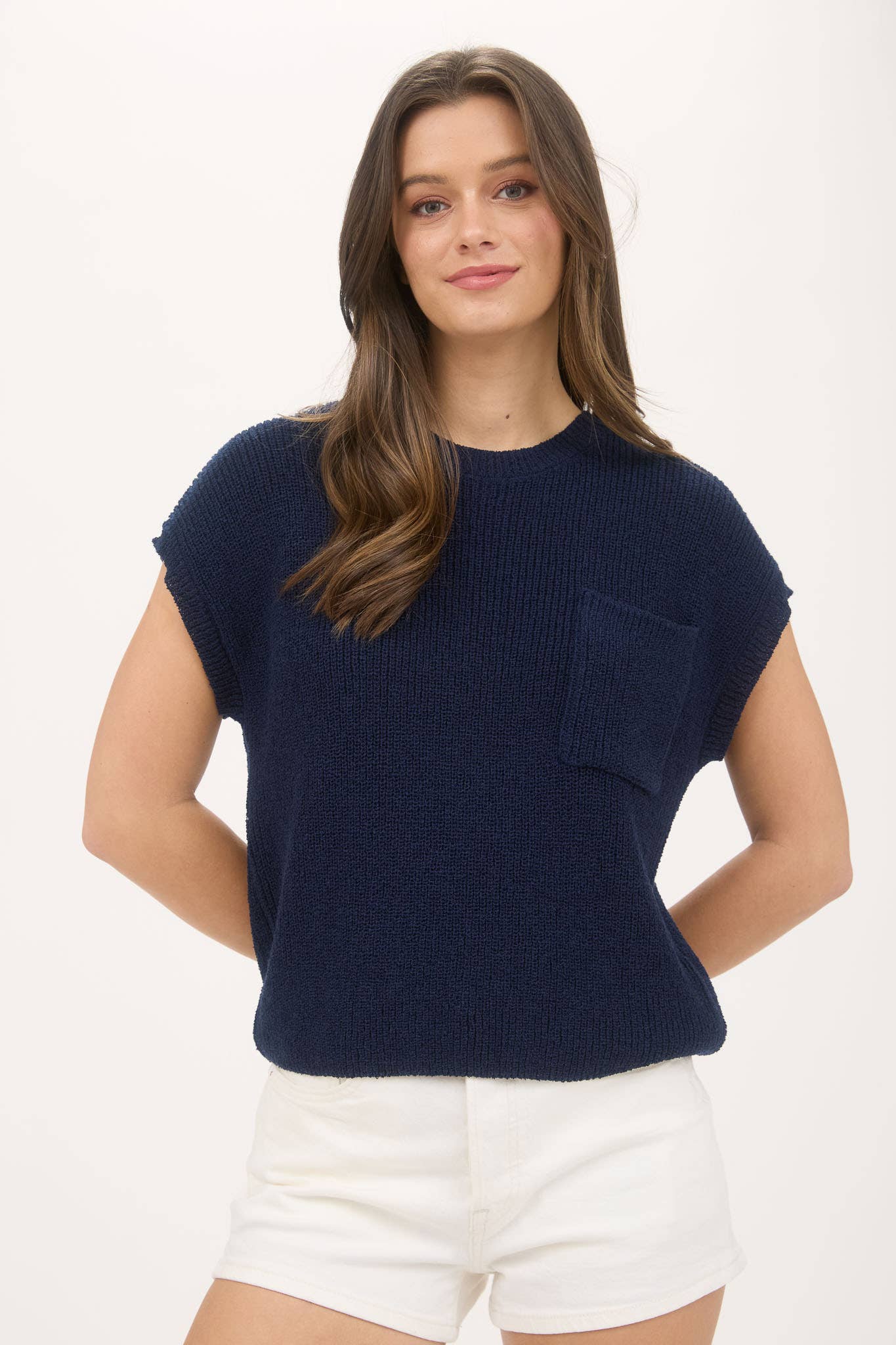 Crewneck Short Sleeve Batwing Sweater With Pocket