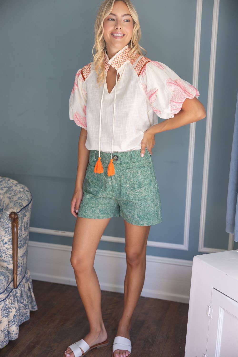 Floral Embroidery Contrast Smocked Neck Top