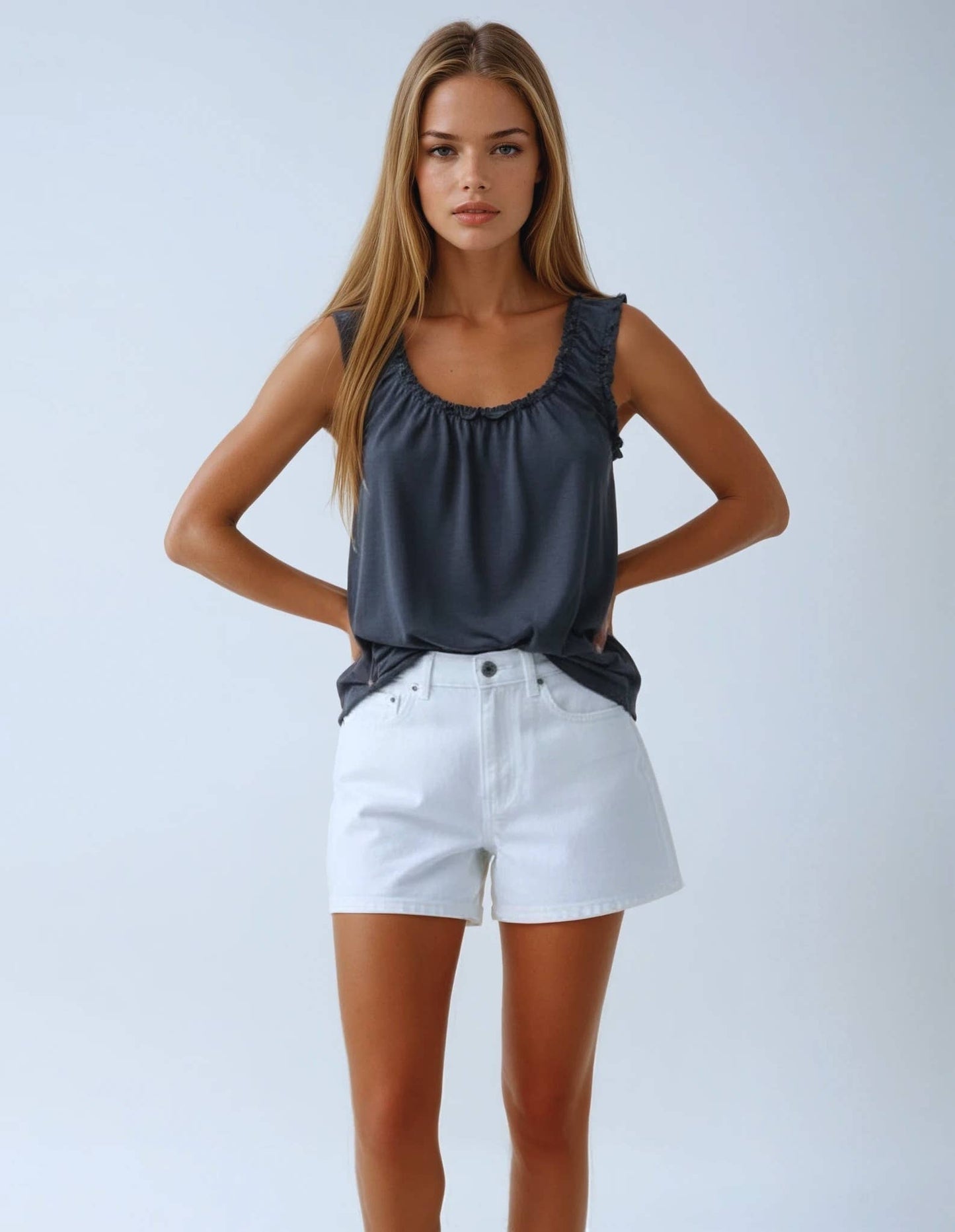 Navy Tank Top With Ruffled Neckline