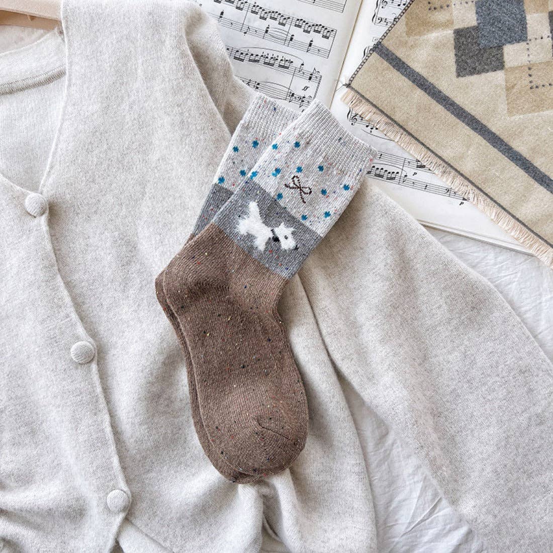 Gray and White Dog Pattern Thick Warm Socks