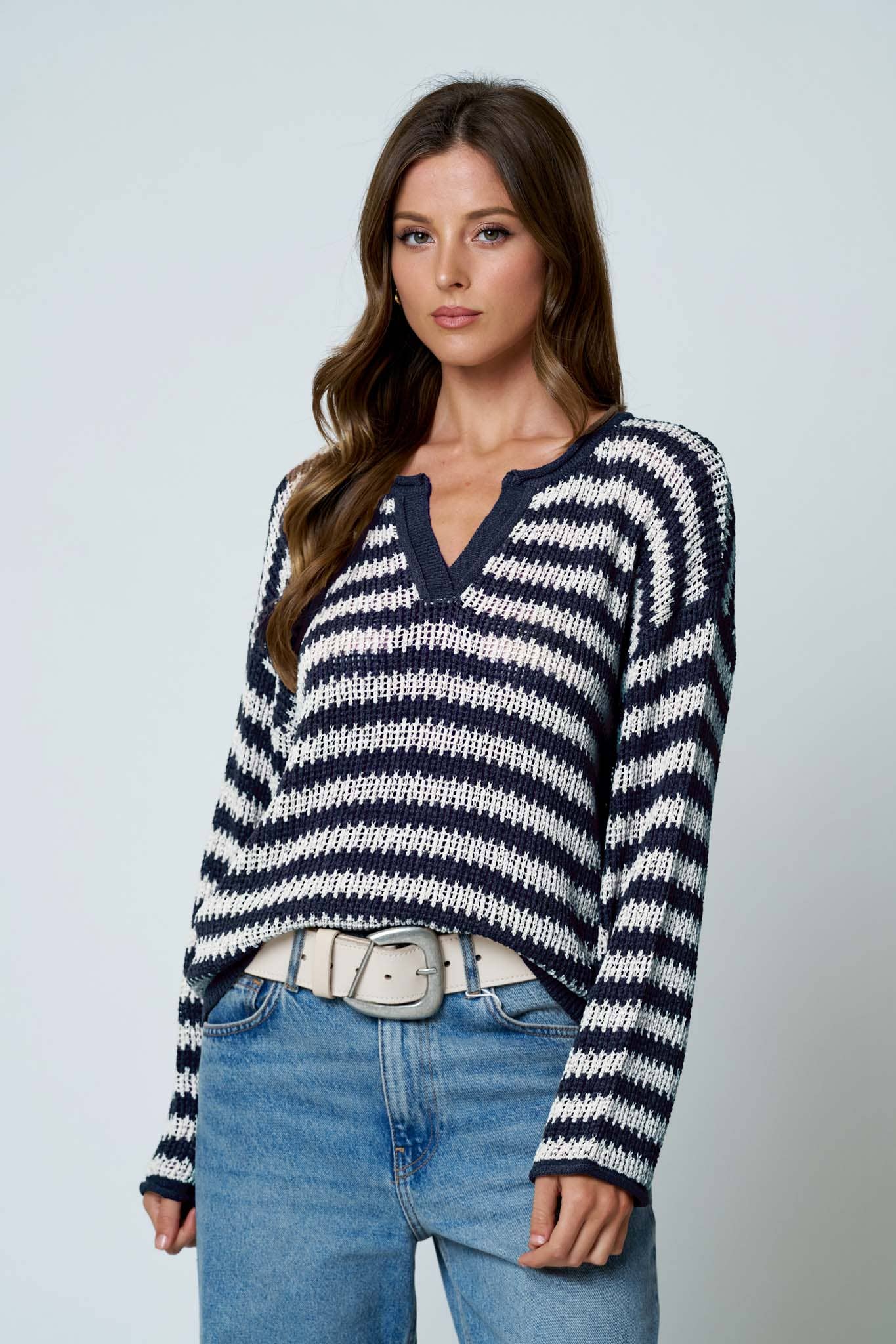 Stripe Raw Edge Sweater