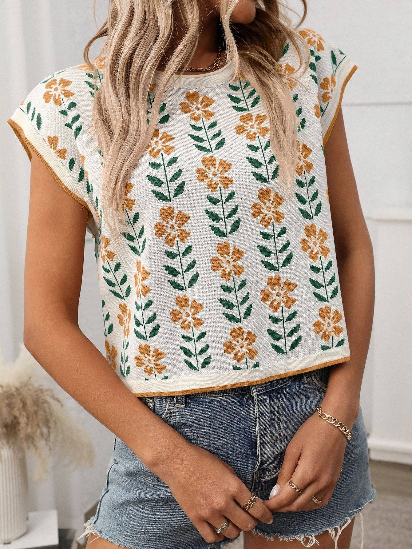 Retro Floral Knit Short Sleeve Vintage Pullover Sweater Vest