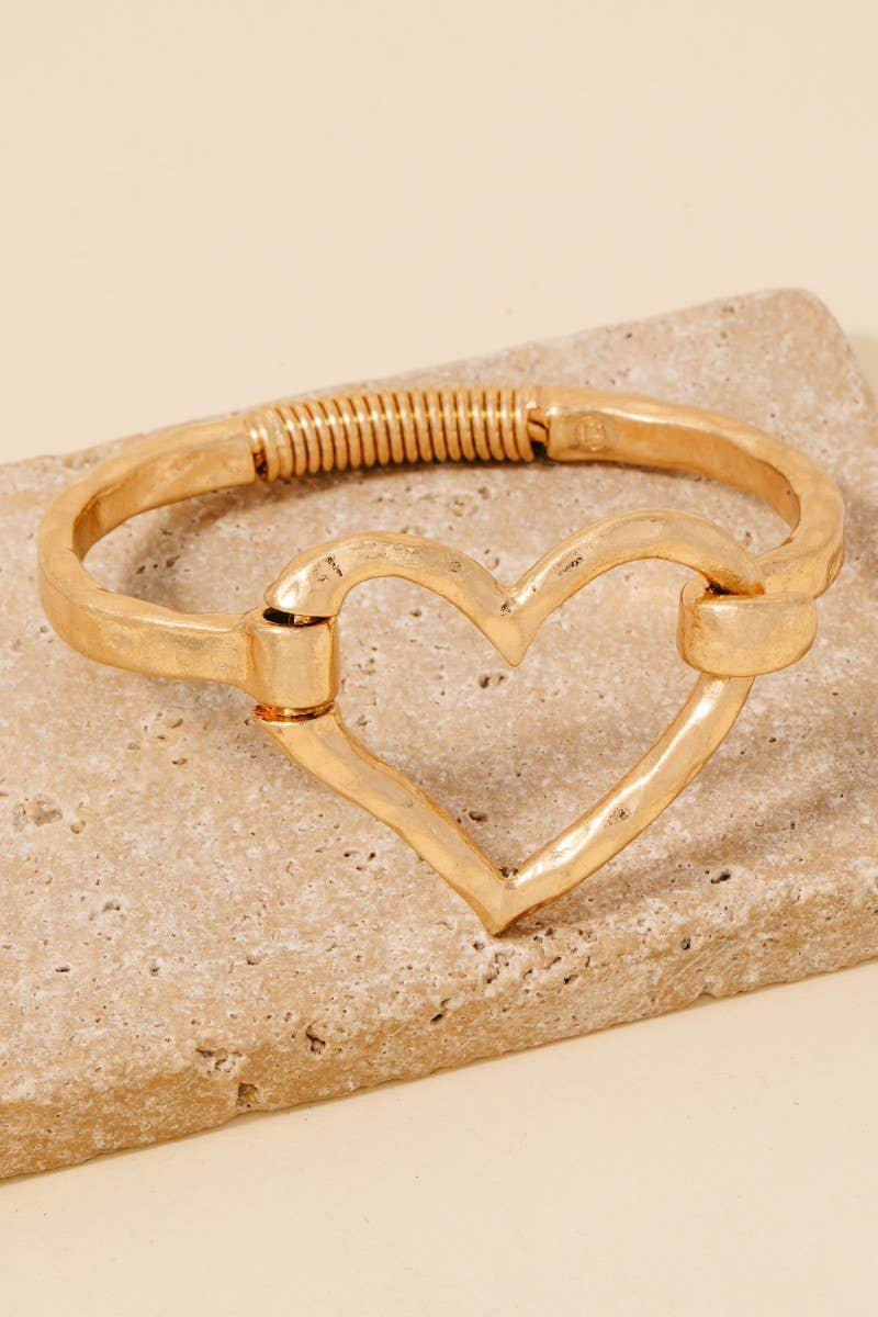 Hammered Heart Coil Spring Hook Bangle Bracelet