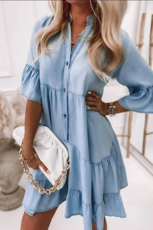 V-NECK HALF SLEEVE WASHED DENIM DRESS