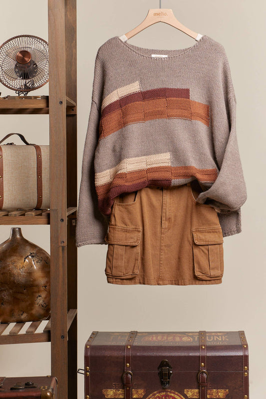 Abstract Print Boat Neck Knit Sweater