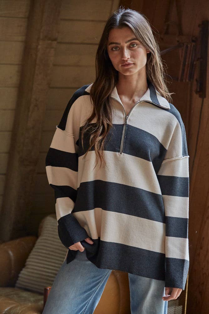 Knit Striped Turtleneck Half Zip Up Sweater