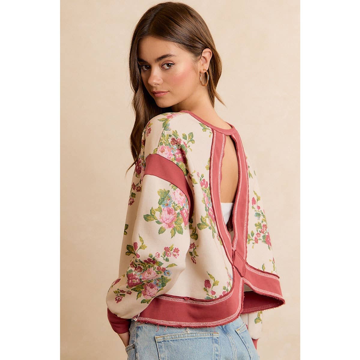 Floral Brushed Terry Open Back Long Sleeves