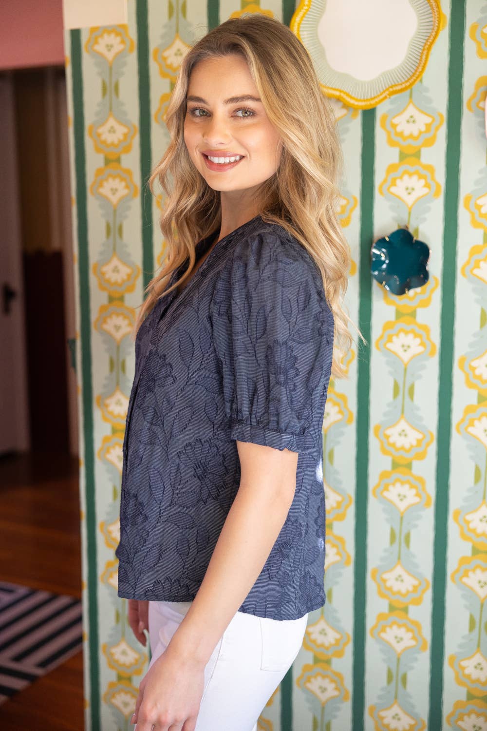 Button Down Floral Textured Top