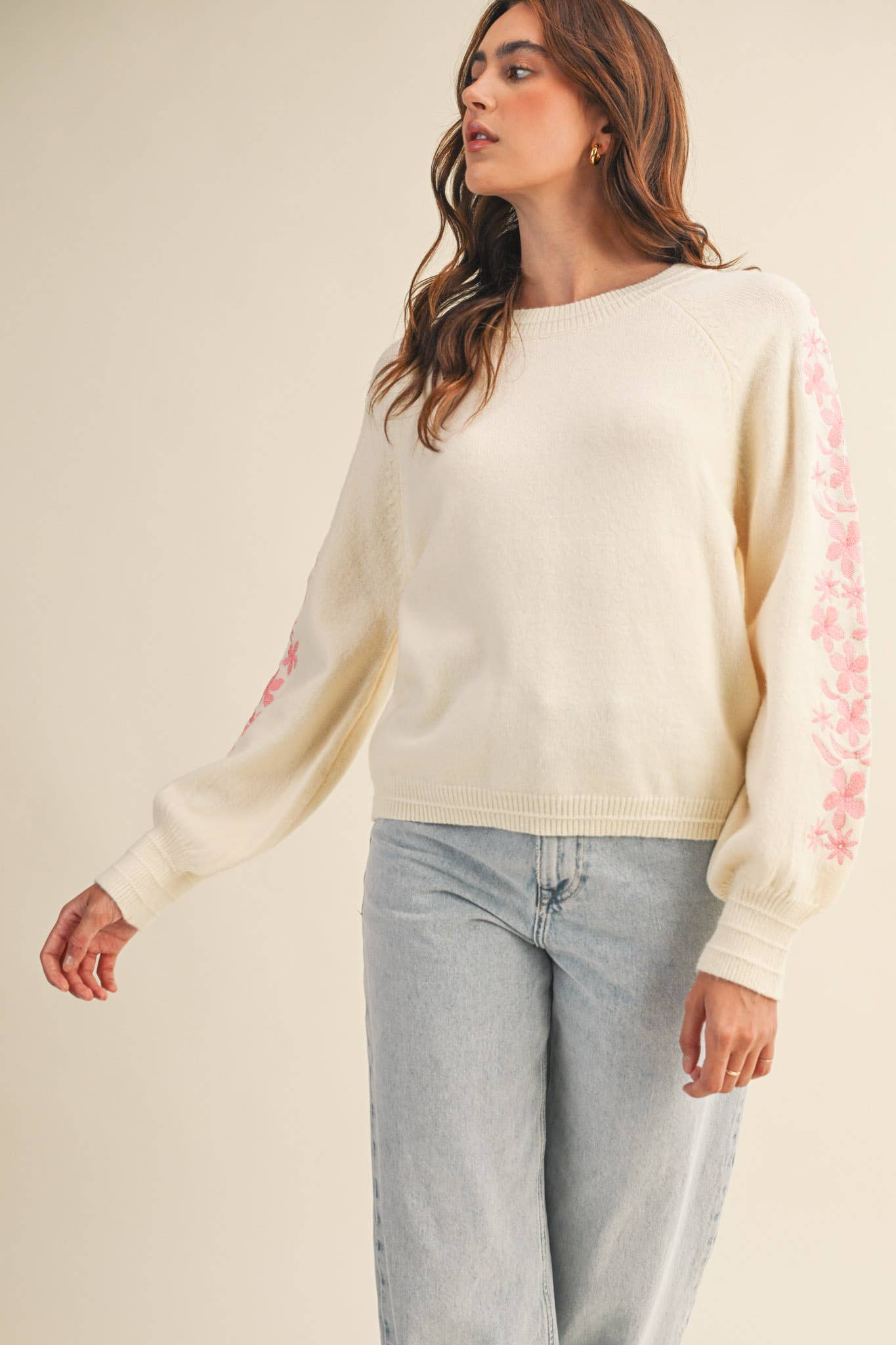 Pullover Sweater with Floral Embriodered Sleeves