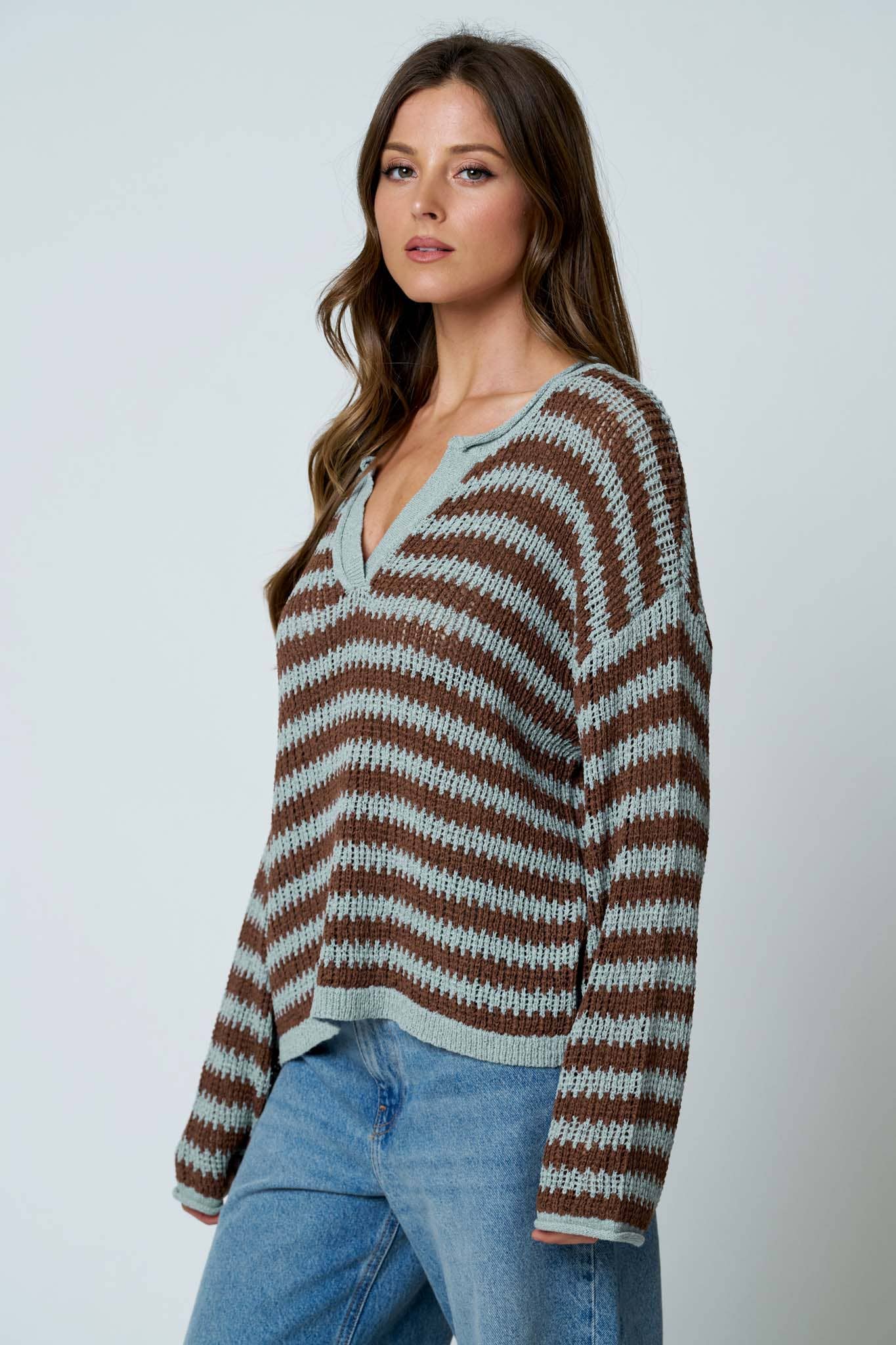 Stripe Raw Edge Sweater