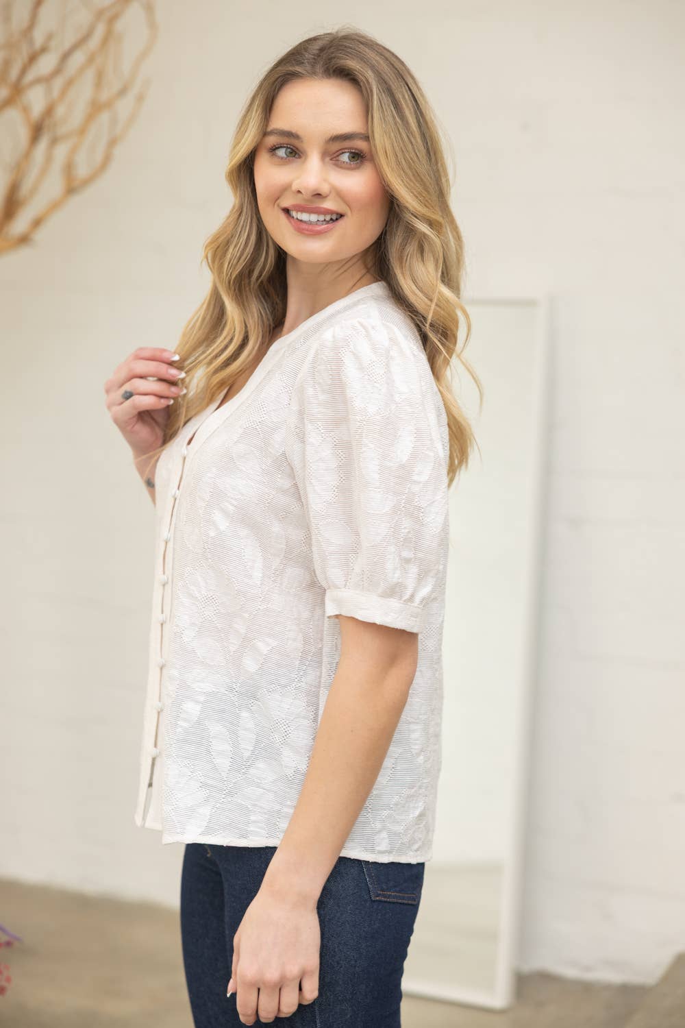 Button Down Floral Textured Top